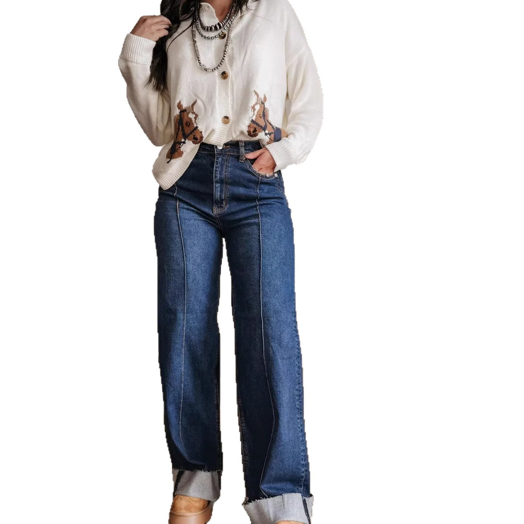 Damen weite High-Waist Jeans mit einzigartigen Kontrastnähten und lässigem Look Drune