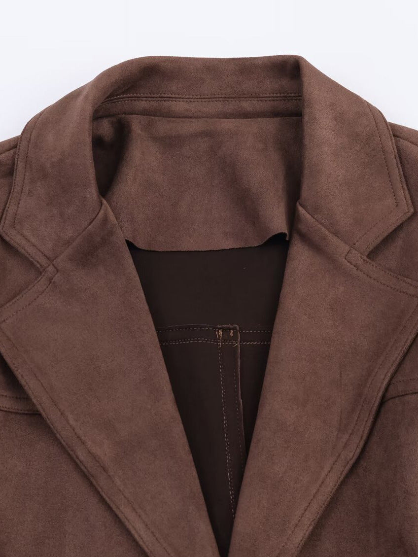 Damen eleganter Blazerjacke aus Kunstleder mit Taillengürtel Drune