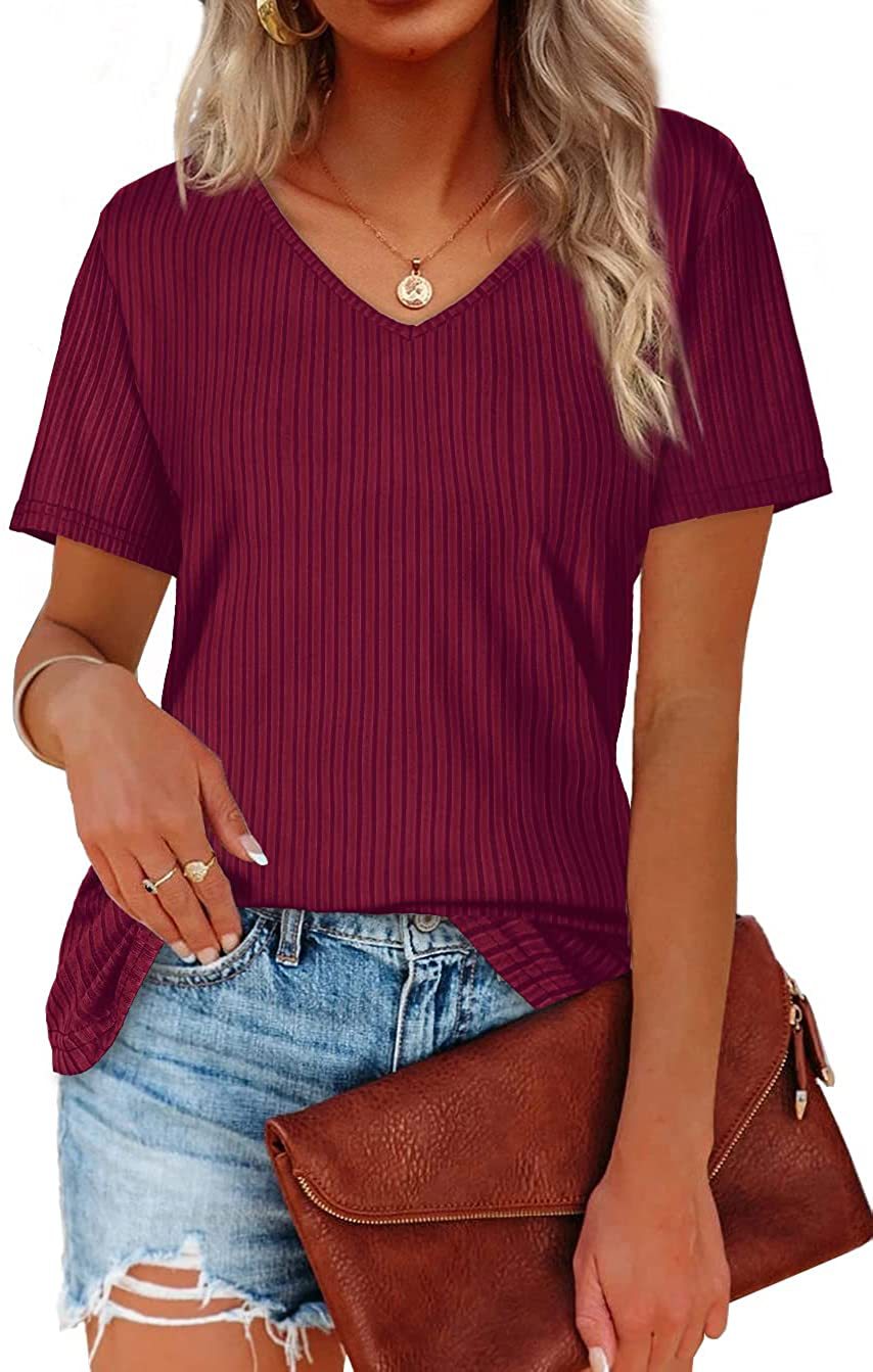 Damen Viskose T-Shirt mit feinem Rippstrickmuster und lässigem V-Ausschnitt Drune
