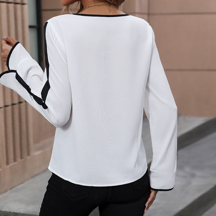 Damen elegante Bluse mit Bindegürtel und gestreiften Ärmeln Drune