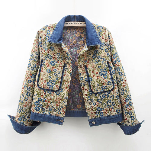 Damen Blumenmuster Denimjacke mit aufgesetzten Taschen und Kragen Drune