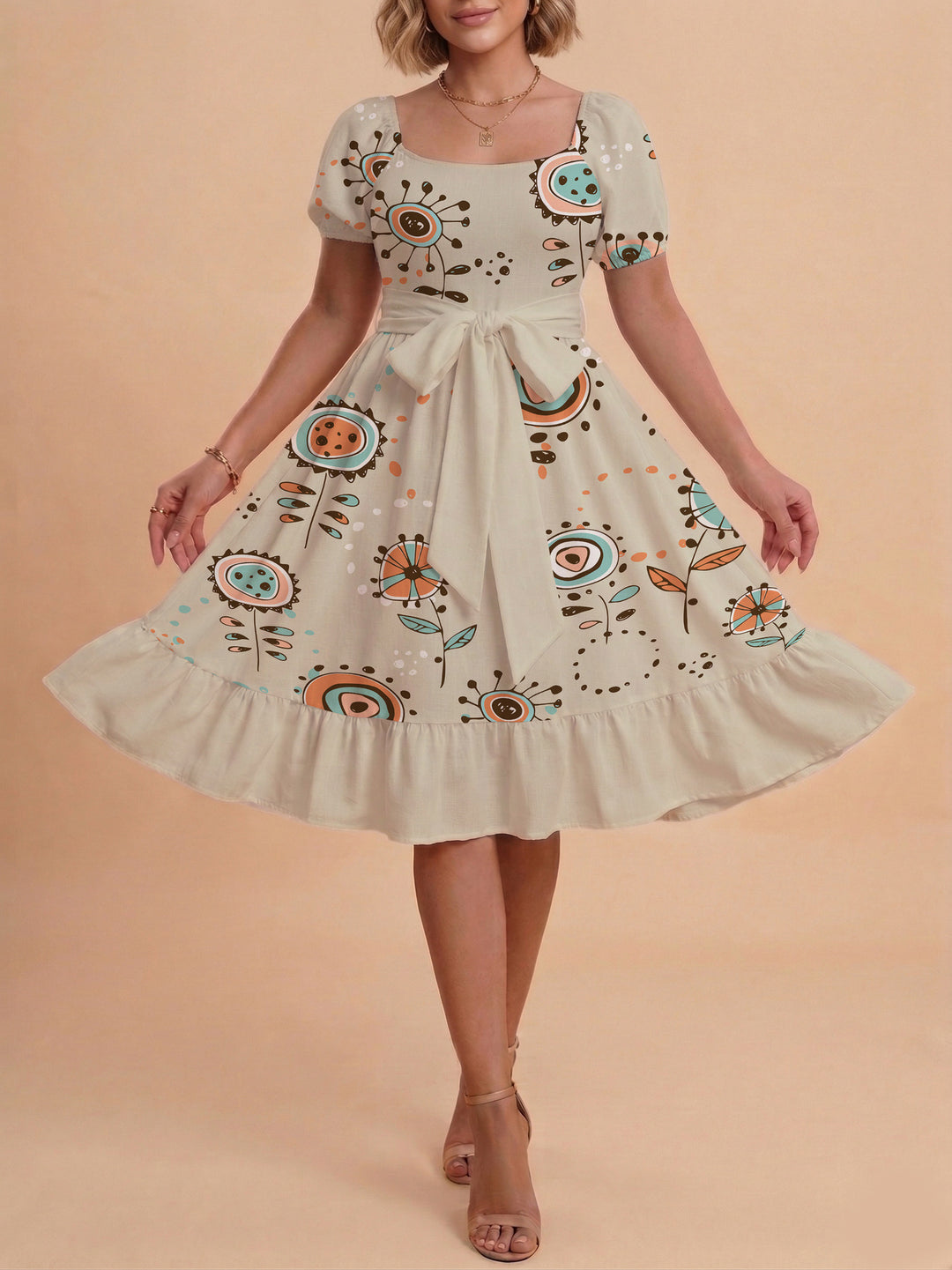 Damen Sommerkleid mit floralem Puffärmel und taillierbarem Gürtel Drune