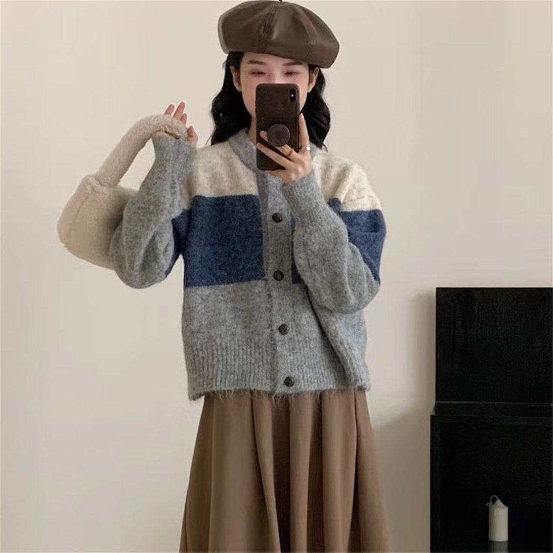 Damen Gemütlicher Strickcardigan mit Knopfverschluss und kontrastierenden Farbstreifen Drune