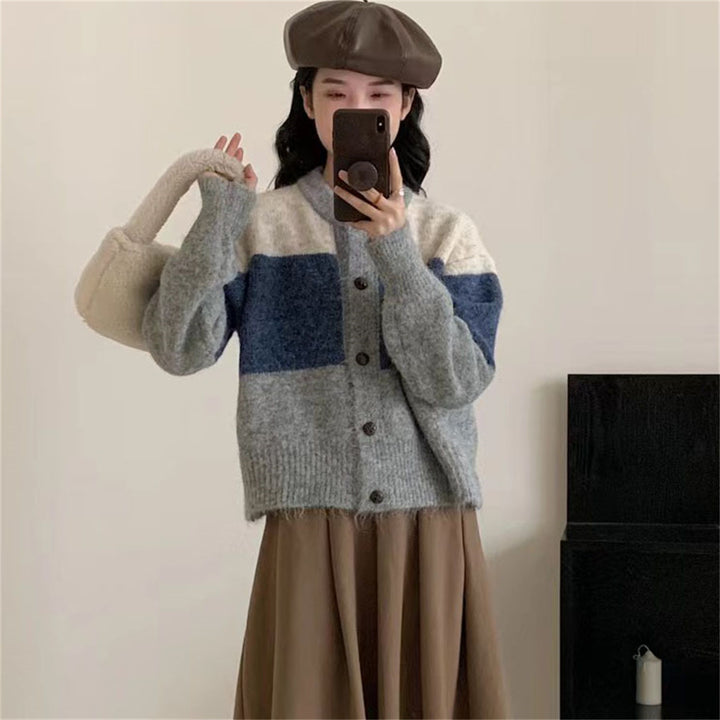 Damen Gemütlicher Strickcardigan mit Knopfverschluss und kontrastierenden Farbstreifen Drune