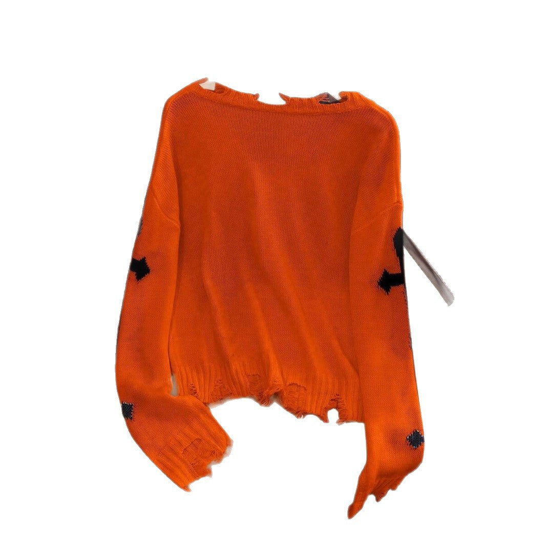 Damen trendiger Pulli mit fransigem Saum und coolem Kreuz-Design Drune