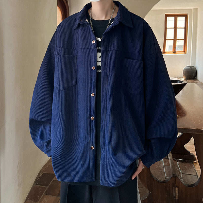 Herren nan oversized Kordhemdjacke mit aufgesetzten Brusttaschen, abgerundetem Saum und lockerer Silhouette Drune