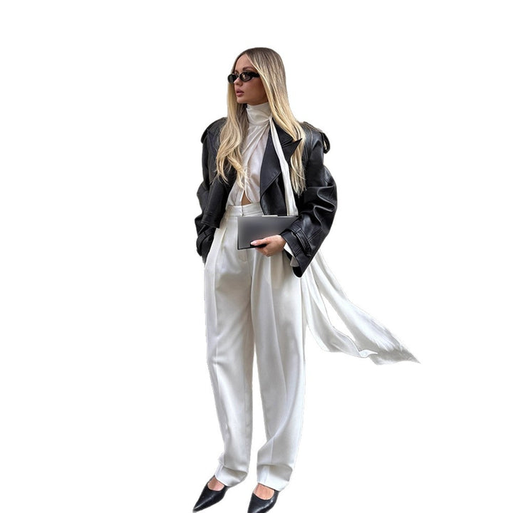 Damen Oversized Kunstlederjacke mit übergroßem Kragen und dekorativen Bindebändern Drune