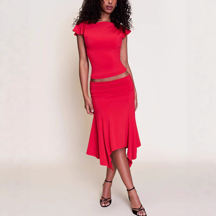 Damen Elegantes Oberteil mit Rüschendetails und asymmetrischem Rock Drune
