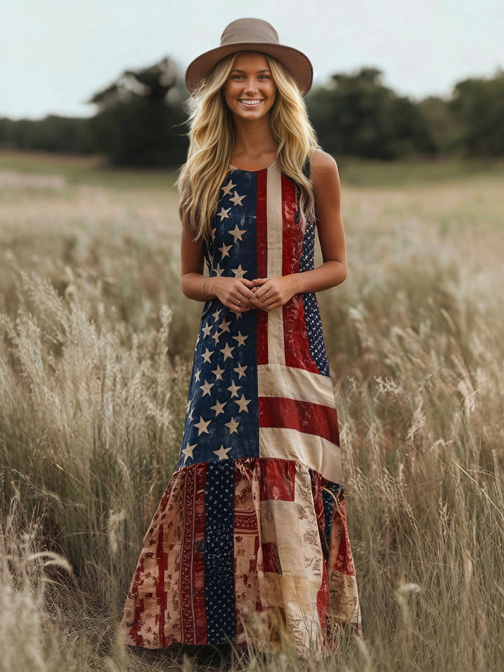 Damen Ethno-Inspirierte Maxikleid mit Flaggenmuster und Rüschensaum Drune