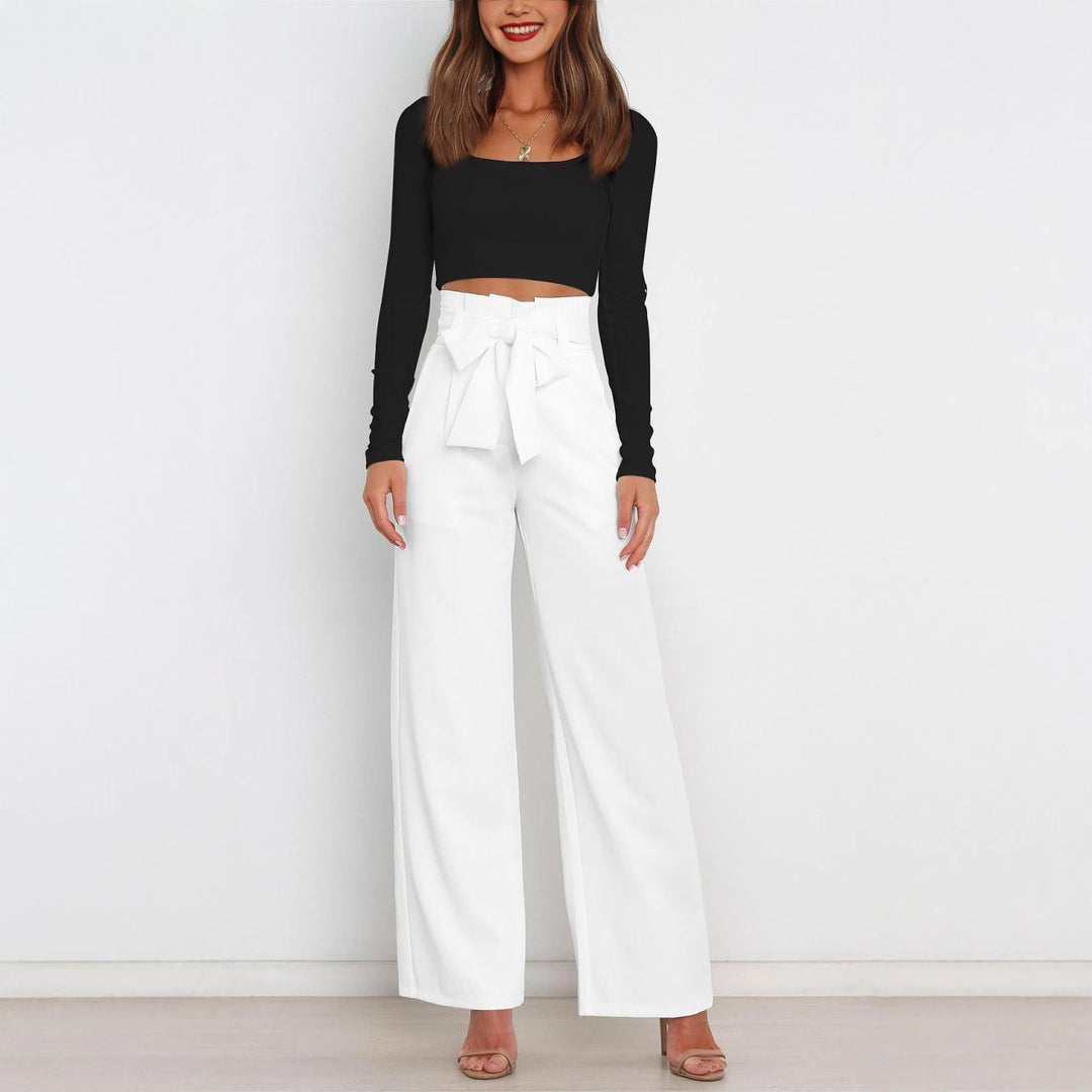 Damen elegante weite Stoffhose mit Taillengürtel Drune