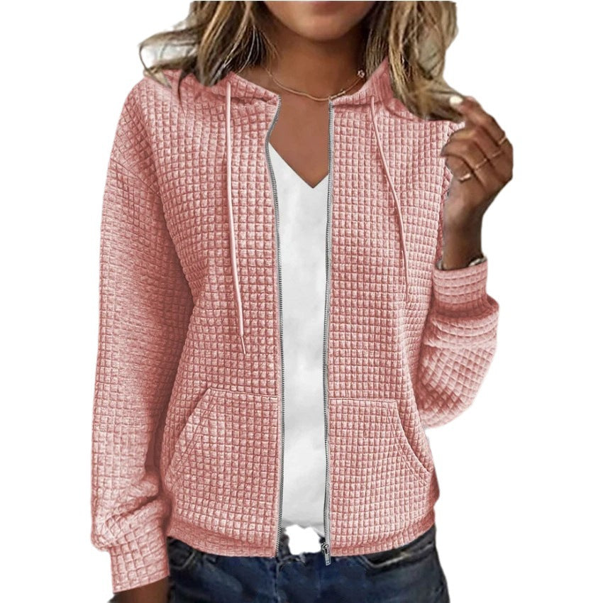 Damen Waffelstruktur Kapuzenjacke mit Taschen und Reißverschluss Drune