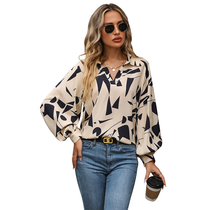 Damen lässige Bluse mit modischem geometrischen Muster und voluminösen Ärmeln Drune