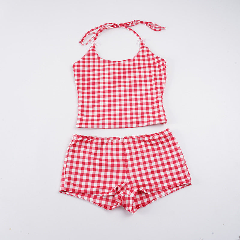 Damen Badeanzug Set mit kariertem Muster und verstellbaren Trägern Drune