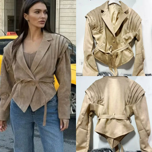 Damen elegante Kunstlederjacke mit Rüschendetails und praktischen Taschen Drune