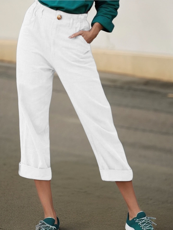 Damen Elegante Leinenhose mit breitem Bein und umschlagenem Saum Drune