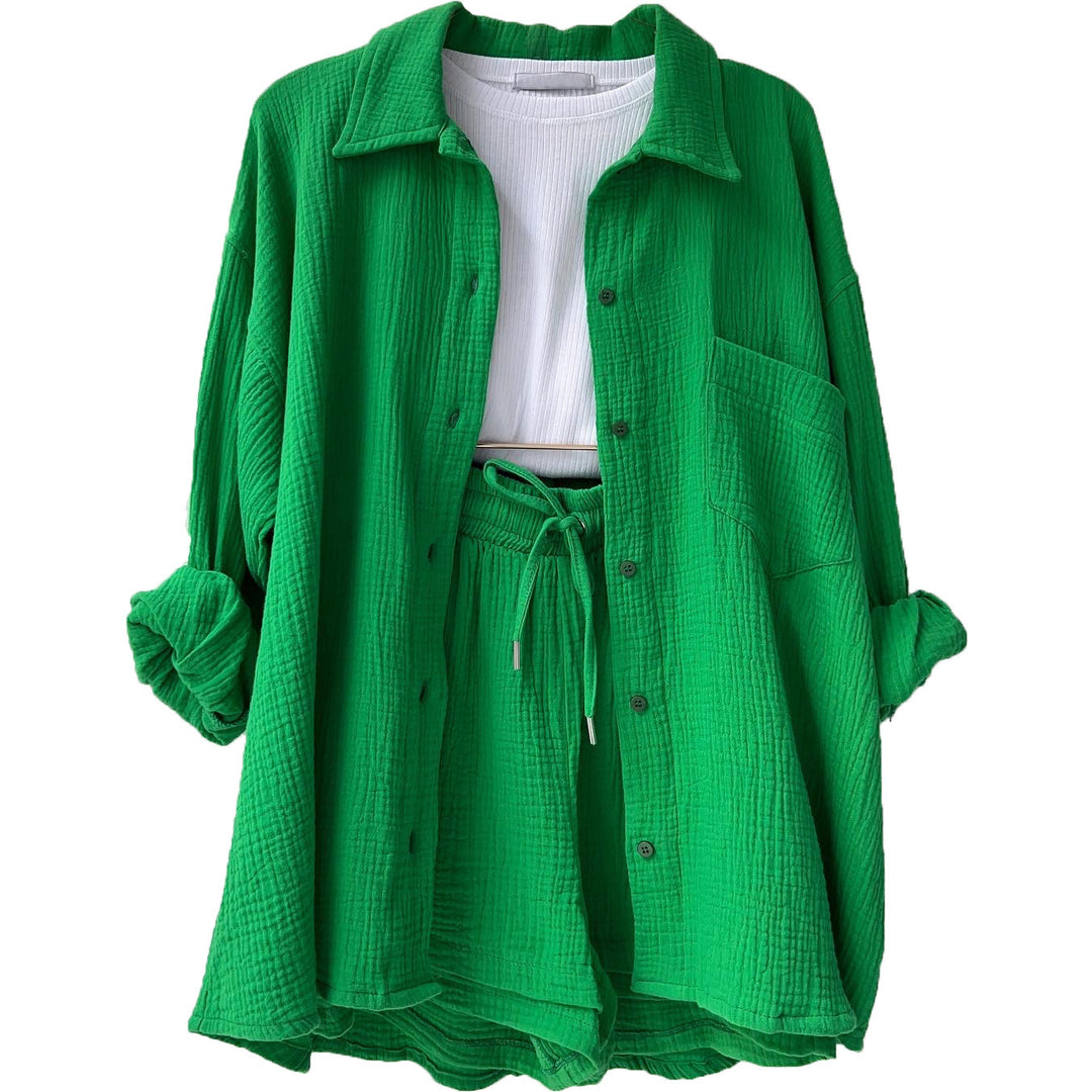 Damen nan lässiges oversized Hemd und Shorts Set mit Brusttasche Kordelbund und gerauter Baumwollstruktur Drune