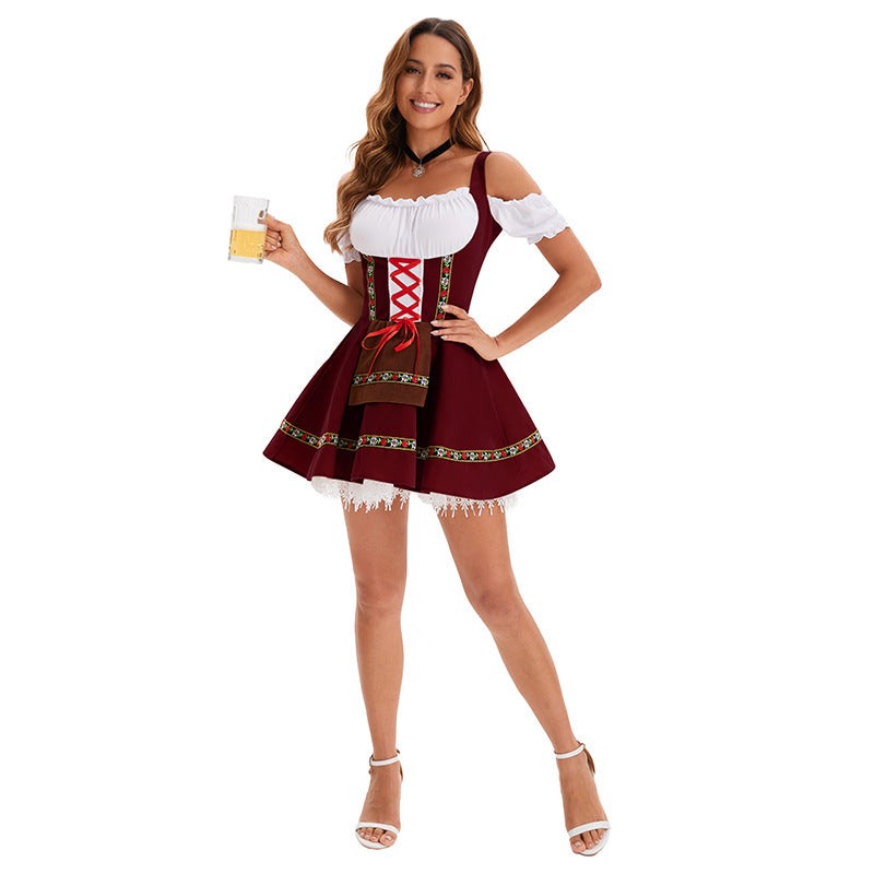 Damen nan traditionelles Oktoberfest Dirndl Minikleid mit Schnürung und abnehmbarer Schürze Drune