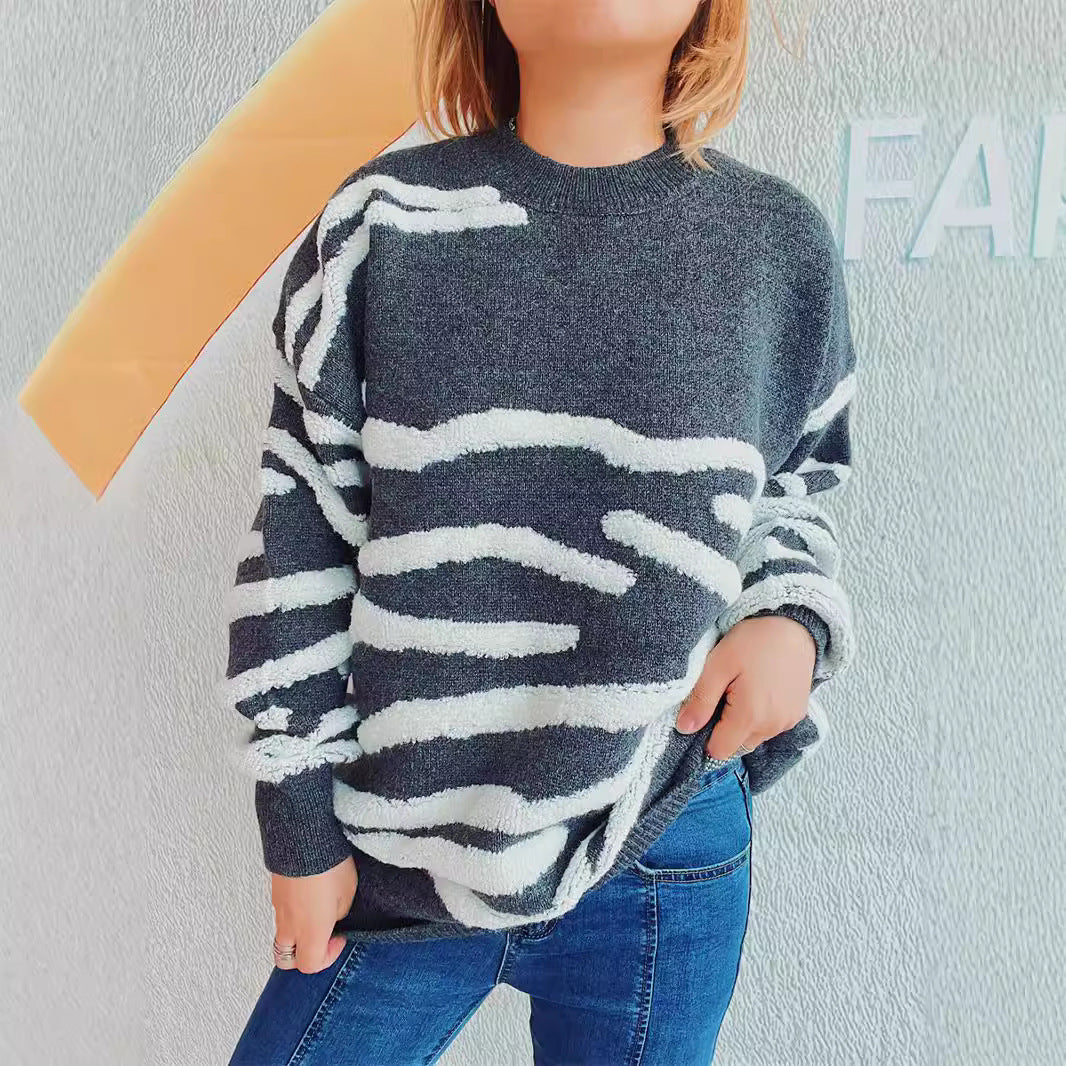 Damen lässiger Strickpullover mit modernem Zebrastreifenmuster Drune