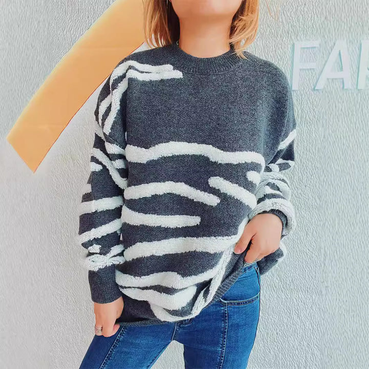 Damen lässiger Strickpullover mit modernem Zebrastreifenmuster Drune