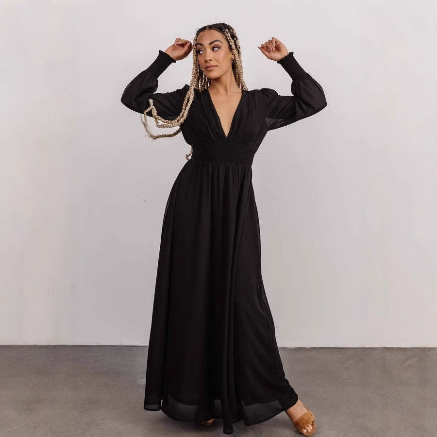 Damen elegantes Maxikleid mit V-Ausschnitt und transparenten Ärmeln Drune