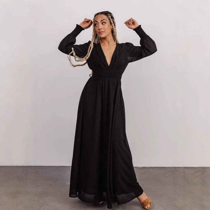 Damen elegantes Maxikleid mit V-Ausschnitt und transparenten Ärmeln Drune