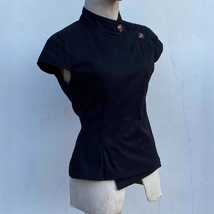 Damen Modisches Kurzarmshirt mit Stehkragen und dezenten Knopfdetails Drune