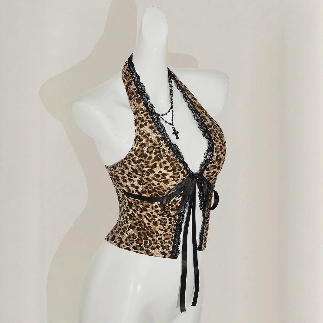 Damen Haltertop mit Spitzenverzierungen und Leopardenmuster Drune