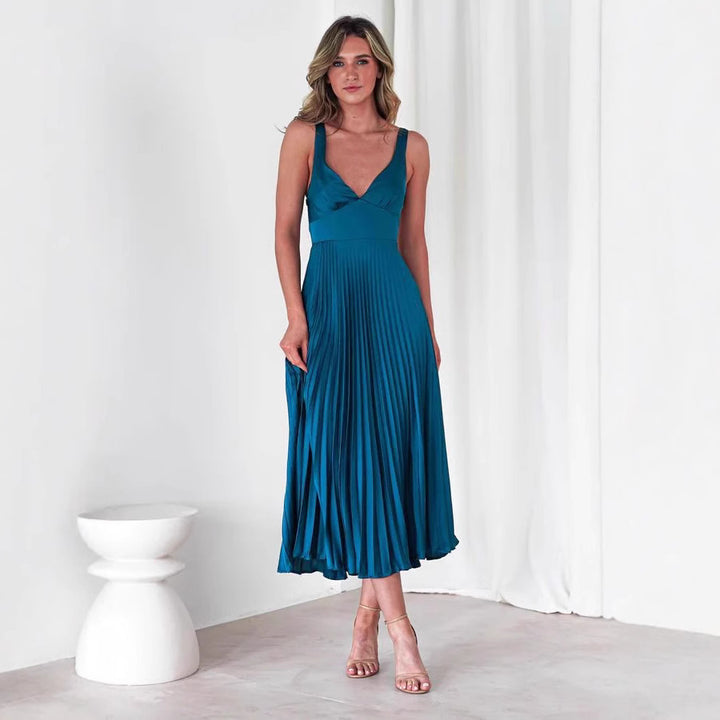 Damen Plissiertes Maxikleid mit V-Ausschnitt und schwingendem Rock Drune