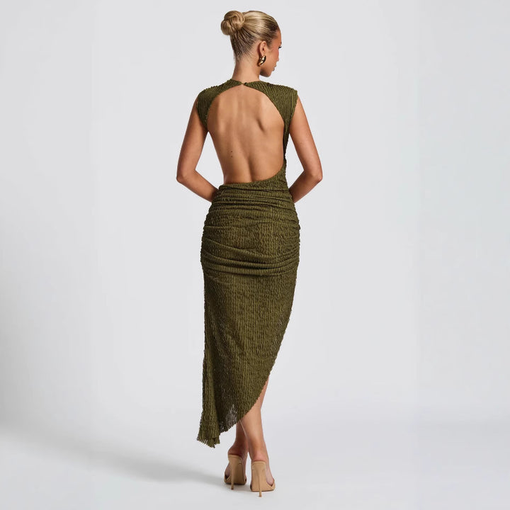 Damen figurbetontes Maxikleid mit extravagantem Rücken-Design und raffinierten Drapierungen Drune