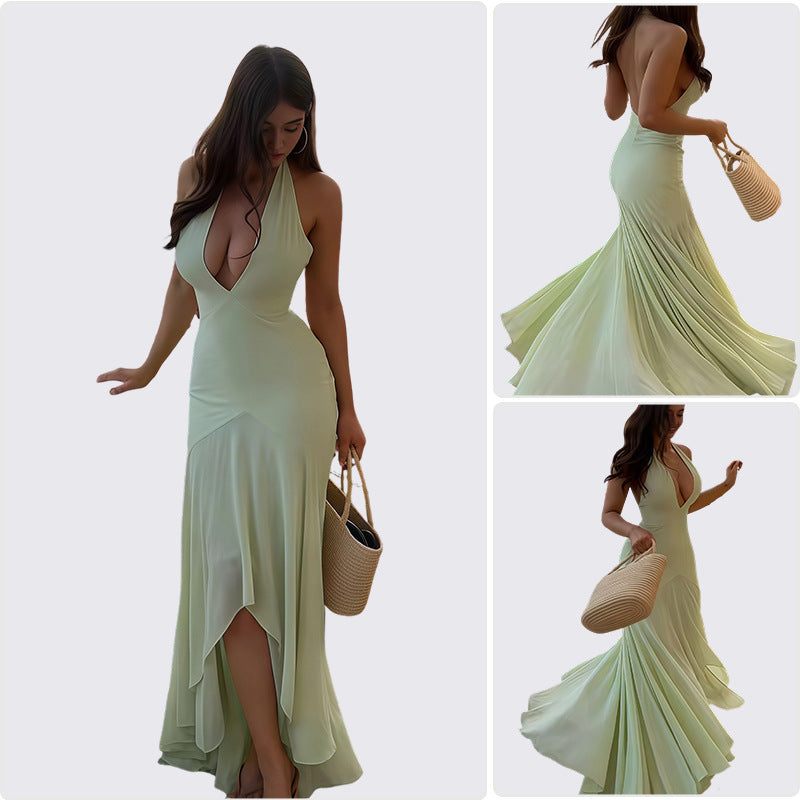 Damen Abendkleid mit tiefem V-Ausschnitt und fließendem Wasserfall-Saum Drune