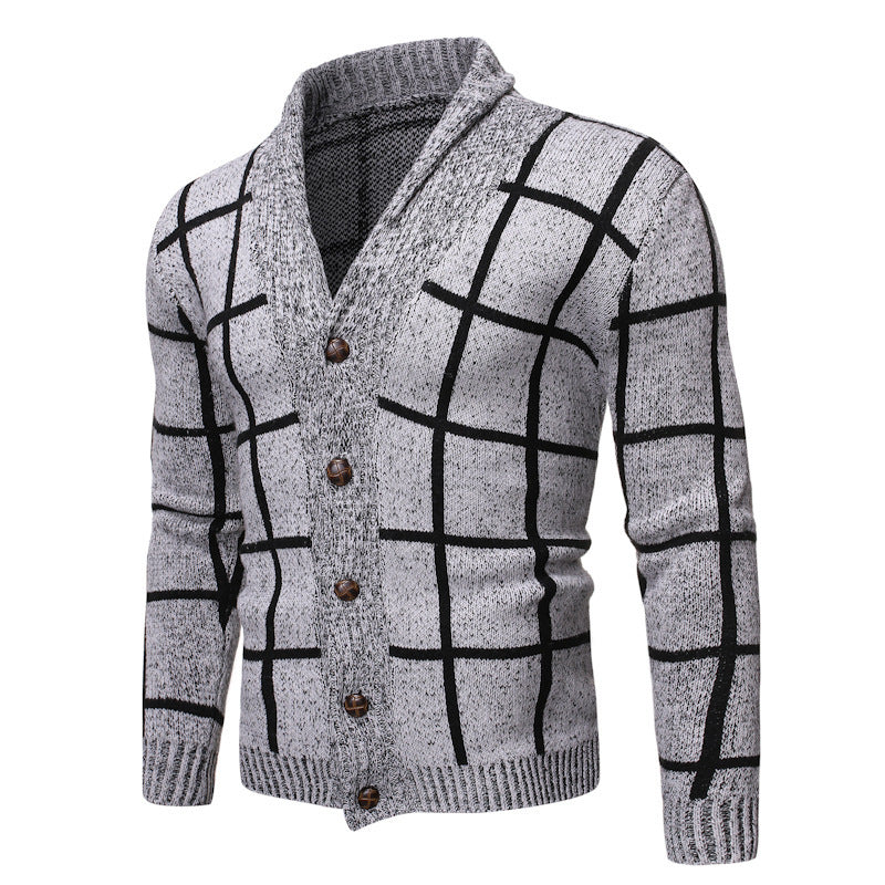 Herren modische Strickjacke mit V-Ausschnitt und modernem Karomuster Drune