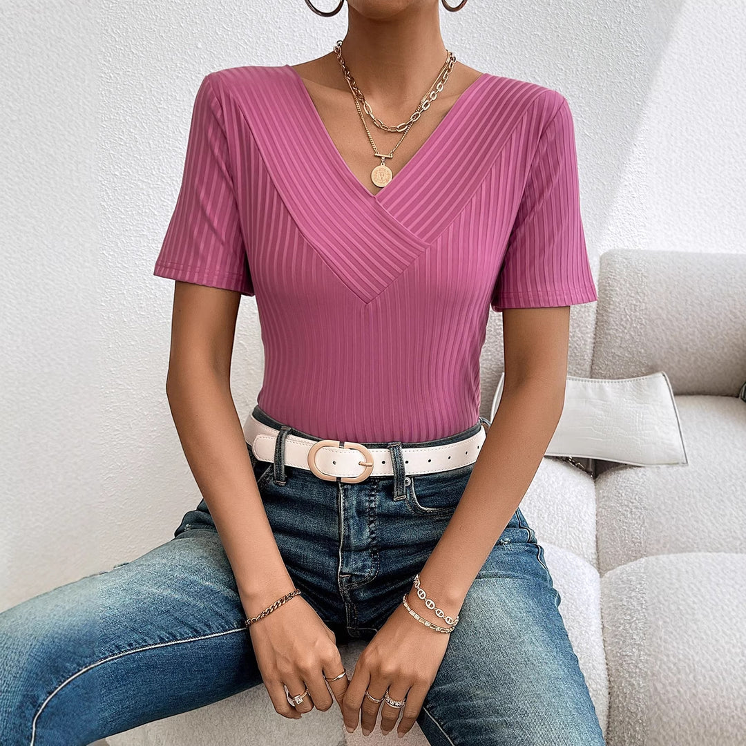 Damen lässiges V-Ausschnitt Shirt mit fließendem Design und kurzen Ärmeln Drune