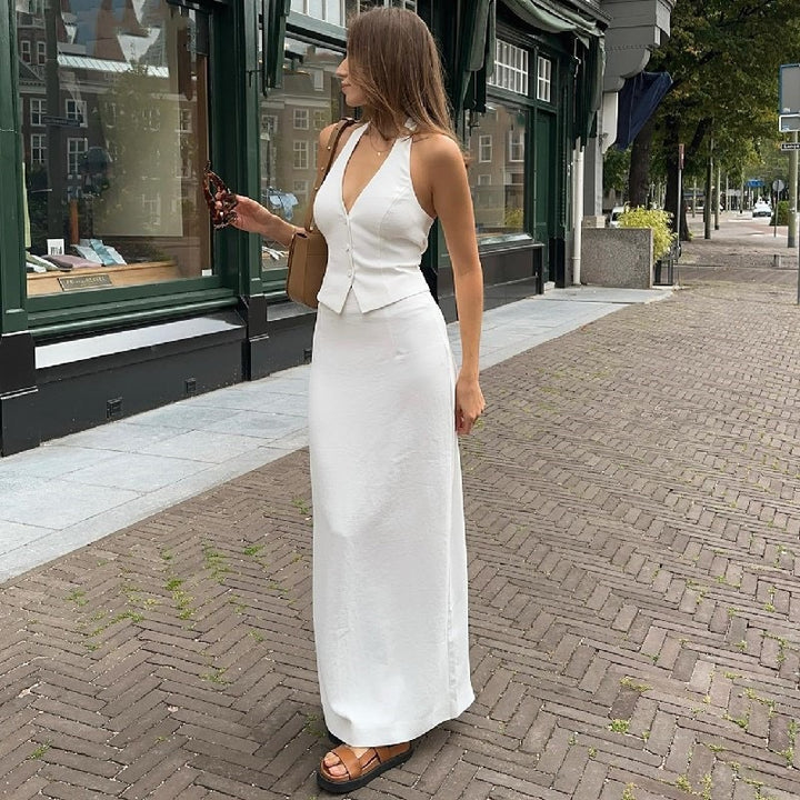 Damen Elegantes Maxikleid mit tiefem V-Ausschnitt und tailliertem Oberteil Drune