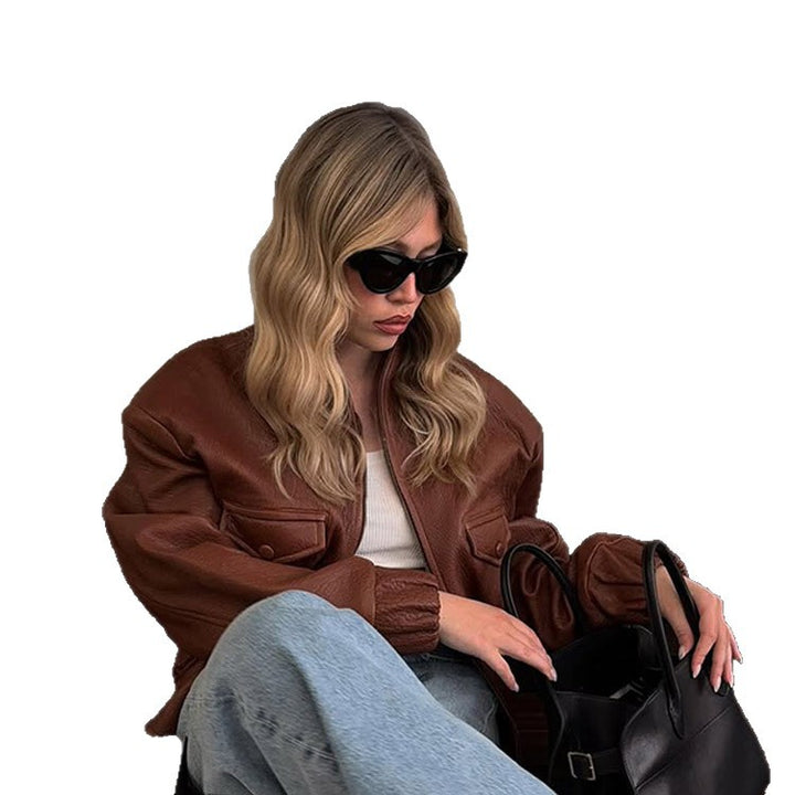Damen lässige Lederjacke mit voluminösen Ärmeln Drune