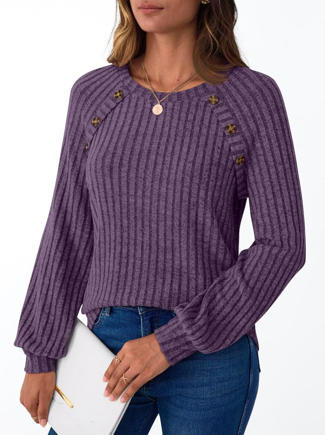 Damen Strickpullover mit dekorativen Knöpfen und modernem Rippenmuster Drune