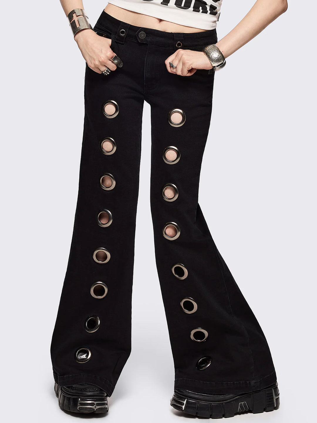 Damen Flared Jeans mit dekorativen Ösen Drune
