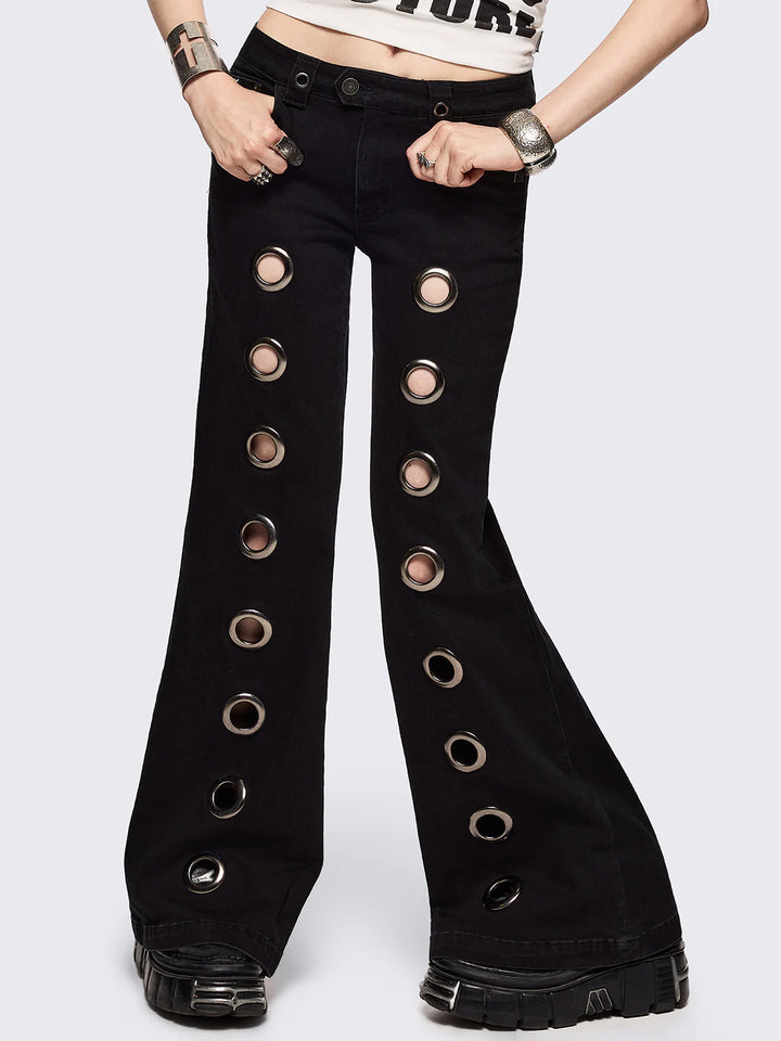 Damen Flared Jeans mit dekorativen Ösen Drune