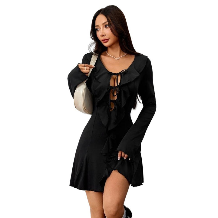 Damen Rüschendes Minikleid mit tiefem Ausschnitt und langem Arm Drune