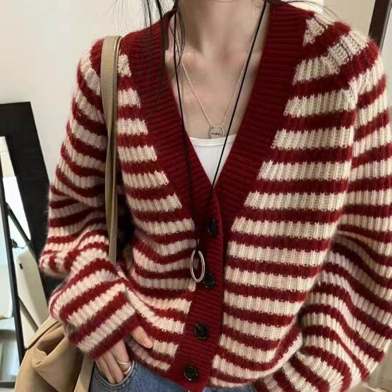 Damen gestreifte Strickjacke mit weitem Schnitt und Knopfdetails Drune