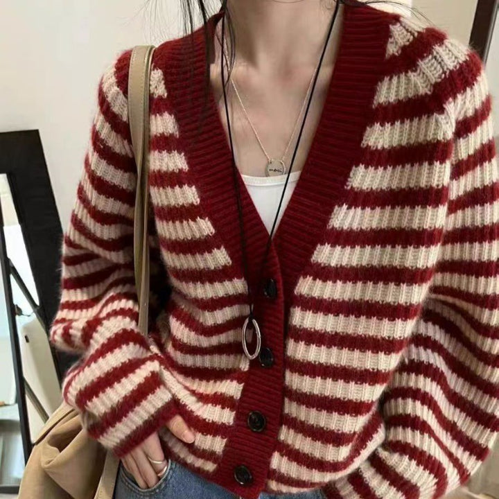 Damen gestreifte Strickjacke mit weitem Schnitt und Knopfdetails Drune