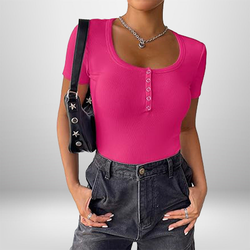 Damen Kurzarm Bodysuit mit Knopfdetails und figurbetonter Silhouette Drune