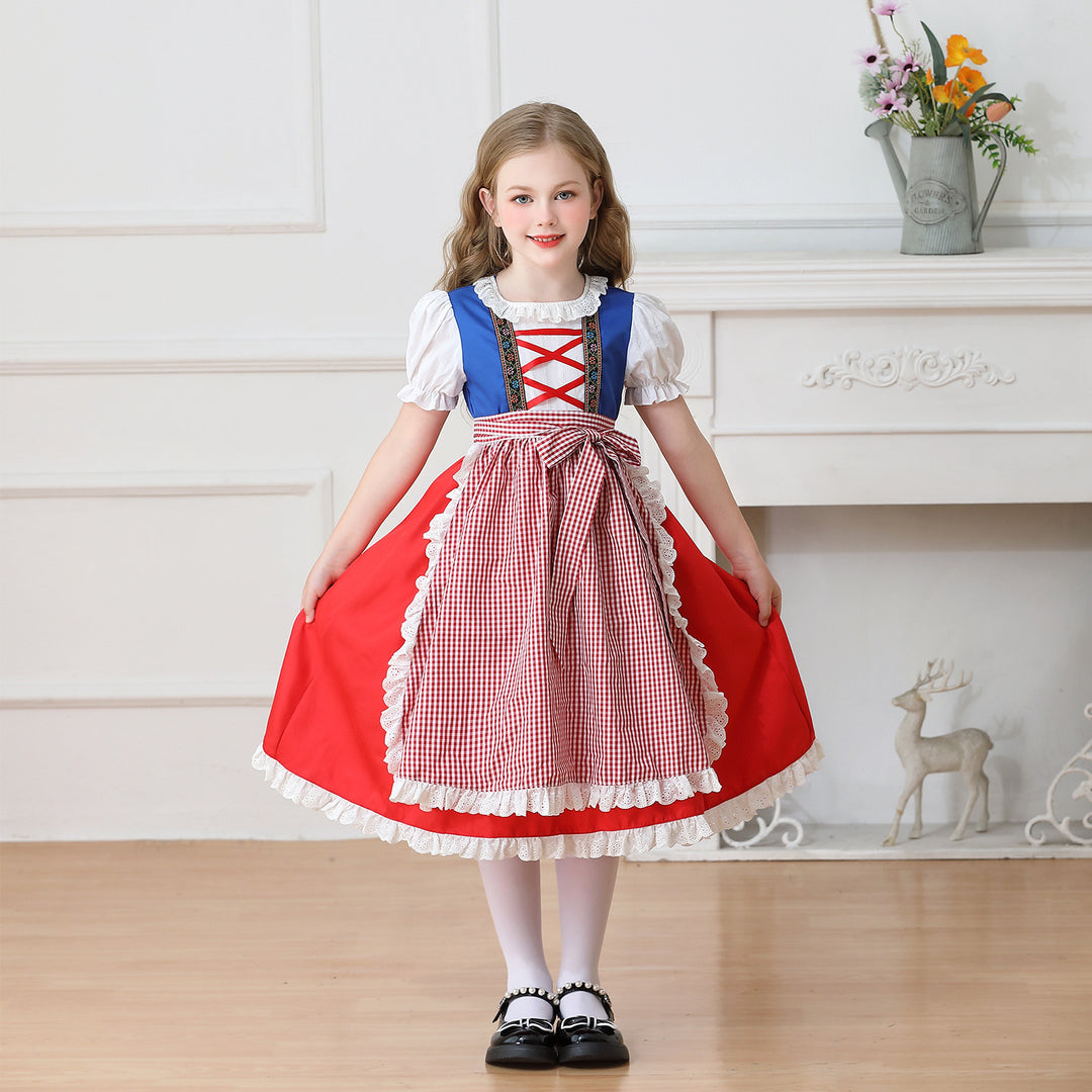 Damen nan traditionelles Kinder-Dirndl Kleid mit geraffter Schürze und Spitzenbesatz Drune