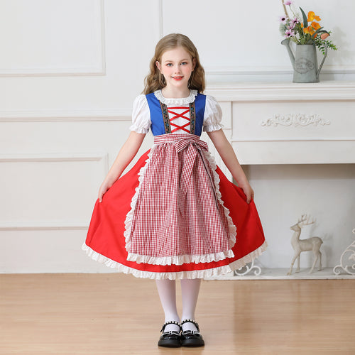 Damen nan traditionelles Kinder-Dirndl Kleid mit geraffter Schürze und Spitzenbesatz Drune
