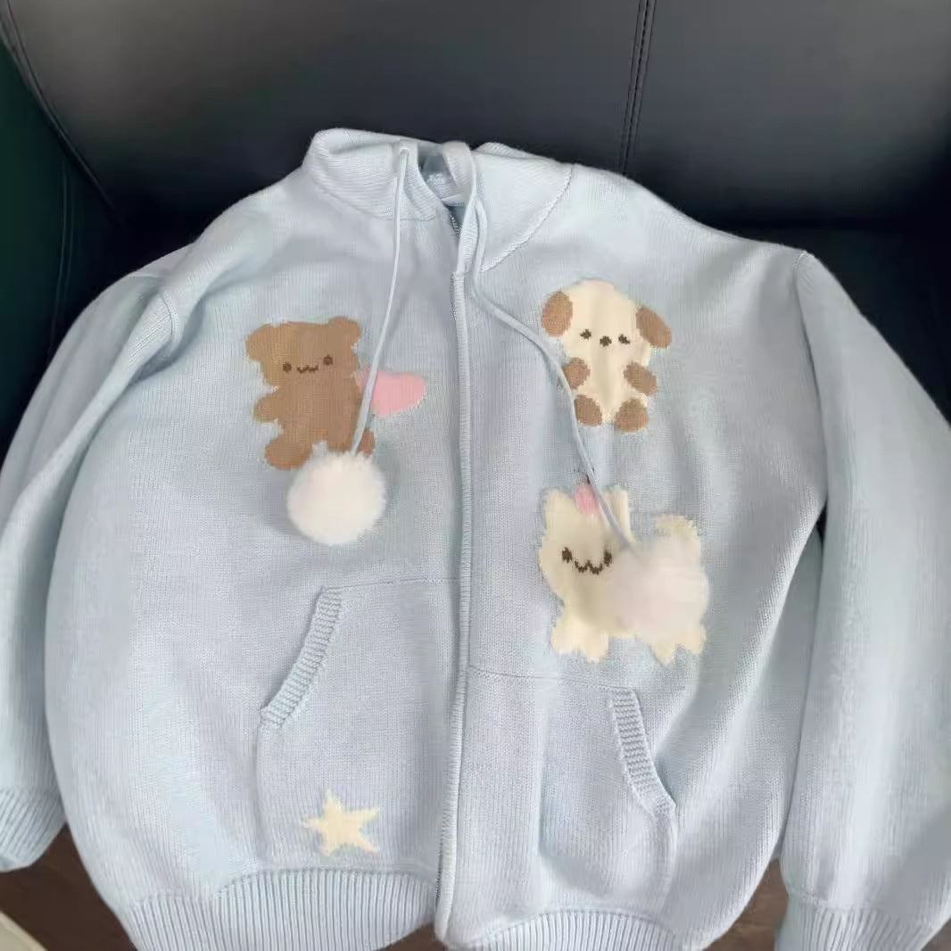 Damen Kapuzenjacke mit verspielten Tiermotiven und Pompoms Drune