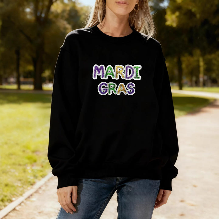 Damen Sweatshirt mit lebhaftem Mardi Gras Schriftzug Drune