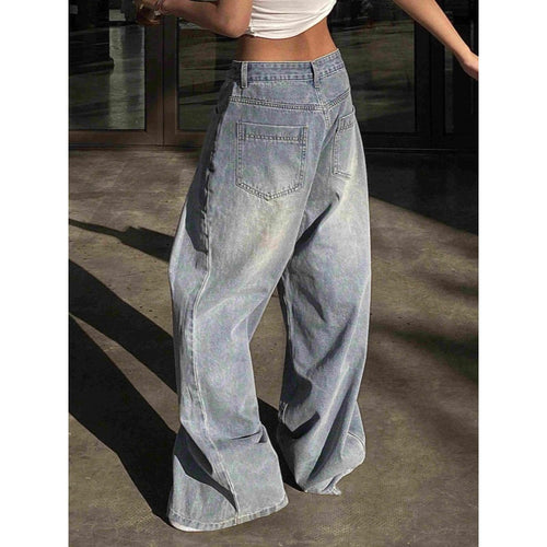 Damen weite High-Waist Jeans mit dekorativen Taschen Drune