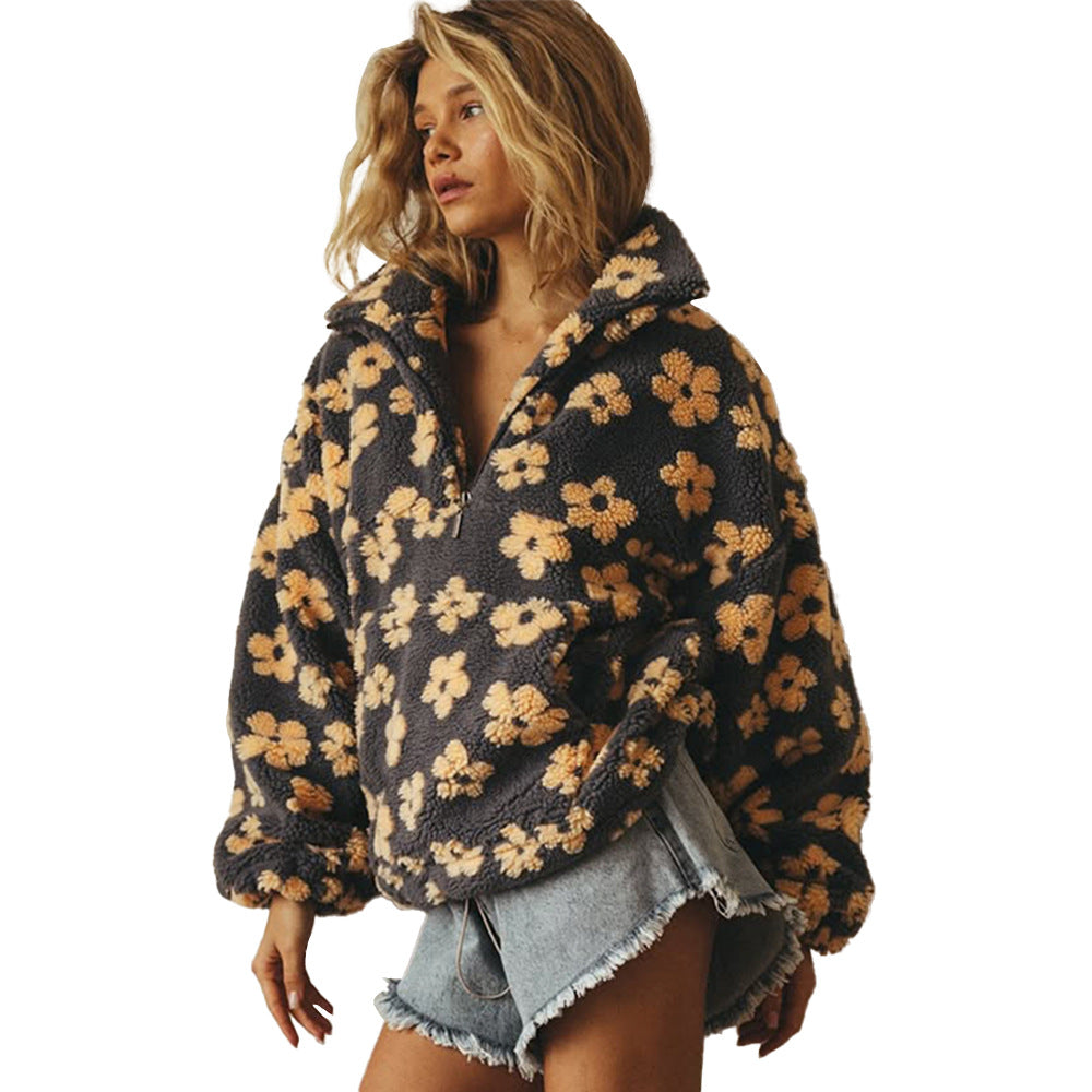Damen lässiger Pullover mit Blumenmuster aus weichem Teddy-Stoff Drune