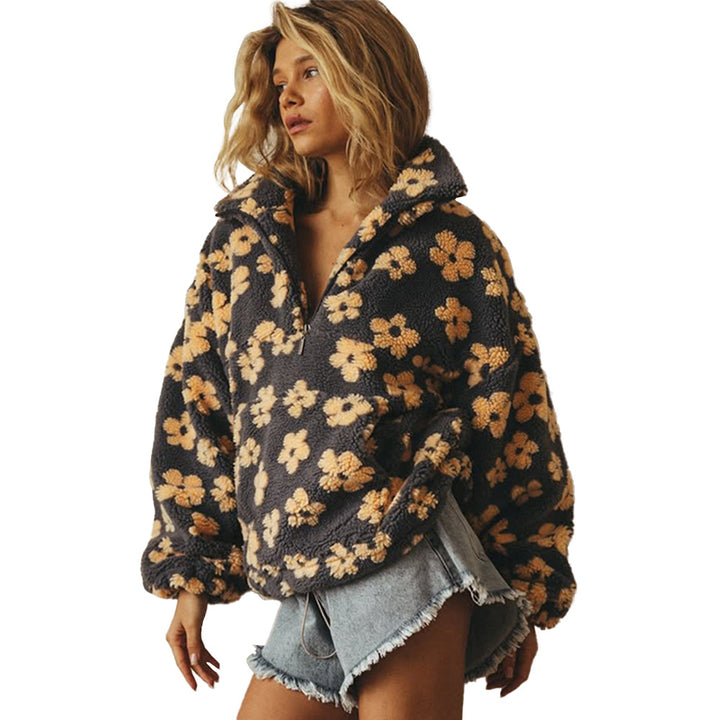 Damen lässiger Pullover mit Blumenmuster aus weichem Teddy-Stoff Drune