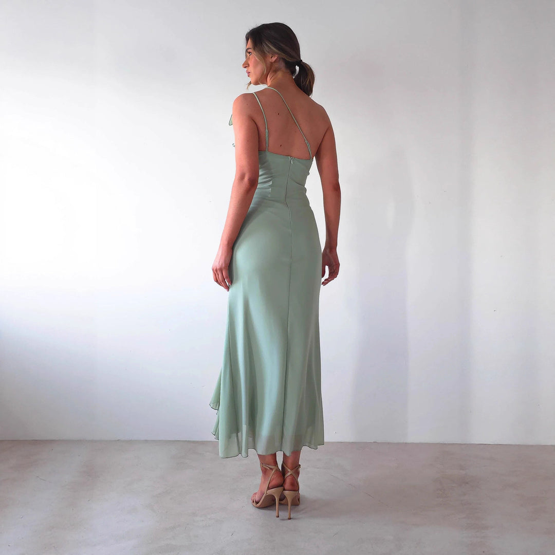 Damen Elegantes Rüschen-Maxi-Kleid im Stile einer Seite mit hohem Schlitz Drune