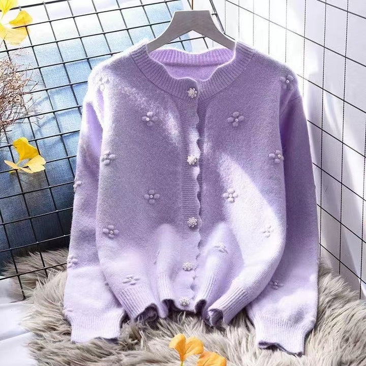 Damen kuschelige Strickjacke mit Blumenapplikationen Drune